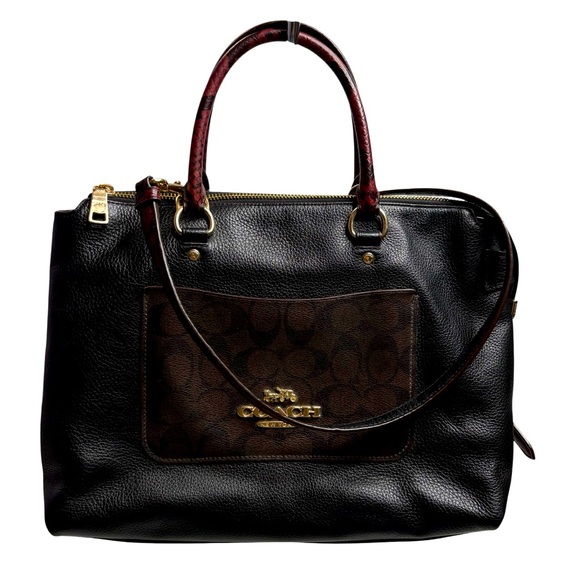 Coach Black Brown Red Monogram EMMA SATCHEL Leather Double Handle Tote $298 - Picture 1 of 8